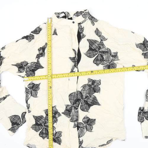 Reiss Womens Ivory Black Floral Blouse Size 6 Long Sleeve Collared