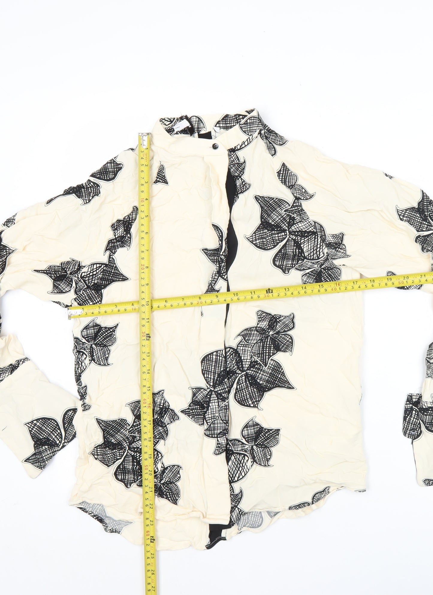 Reiss Womens Ivory Black Floral Blouse Size 6 Long Sleeve Collared