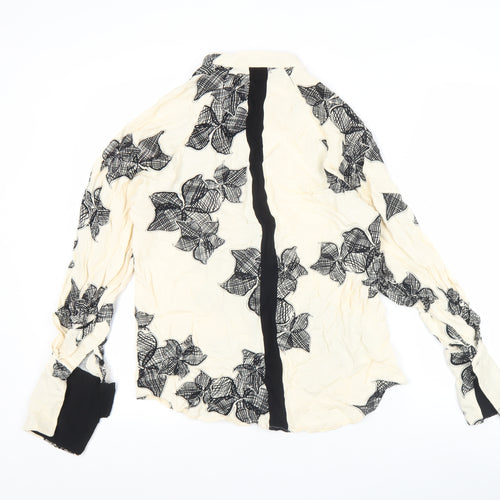 Reiss Womens Ivory Black Floral Blouse Size 6 Long Sleeve Collared