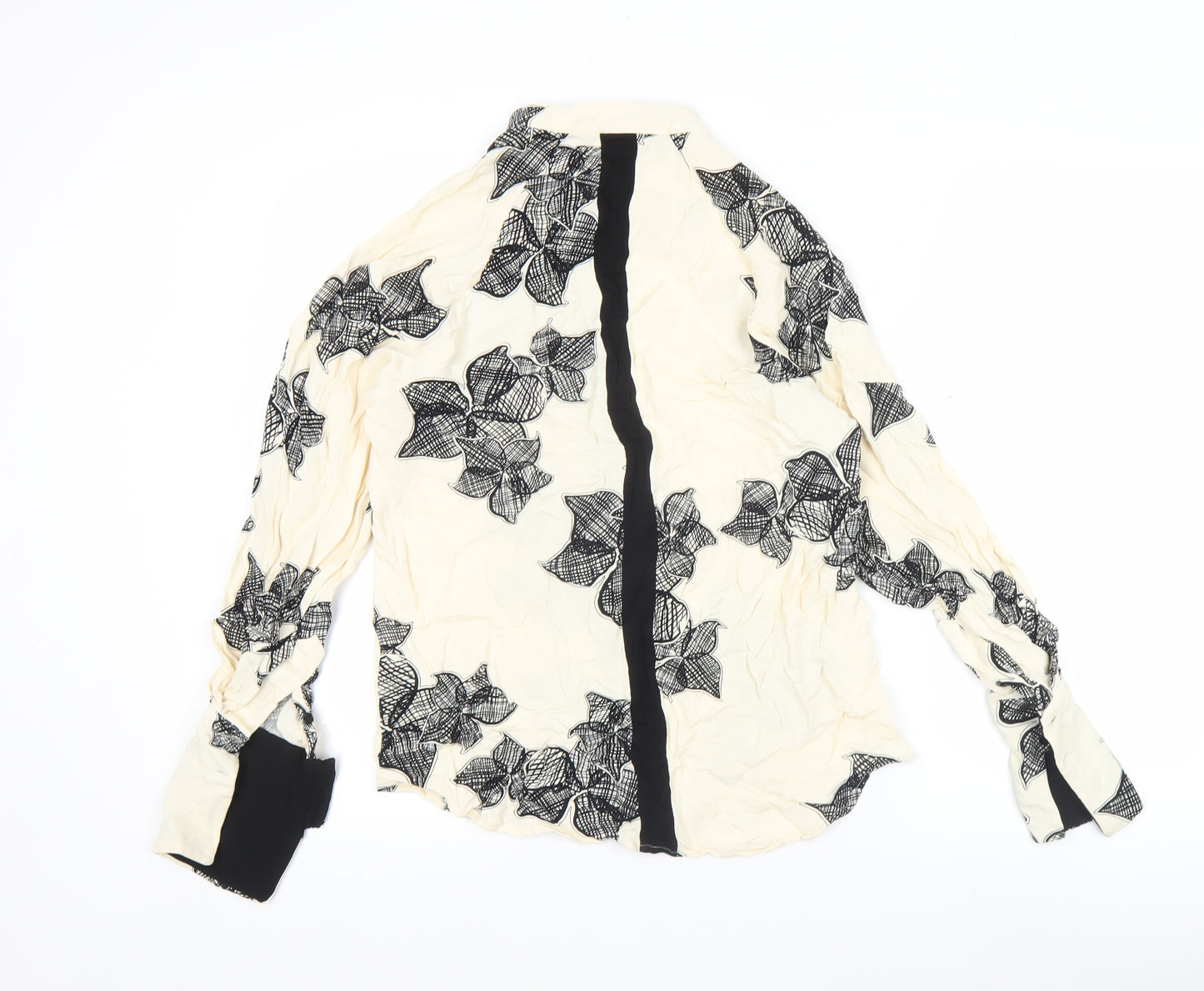 Reiss Womens Ivory Black Floral Blouse Size 6 Long Sleeve Collared