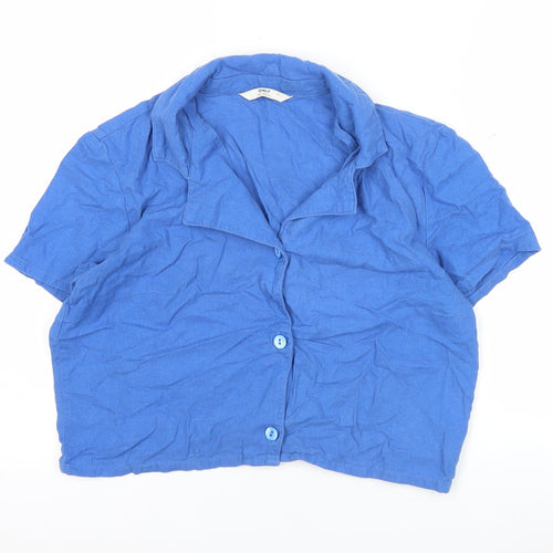 ONLY Womens Blue Cropped Button-Up Shirt Linen Blend Size S