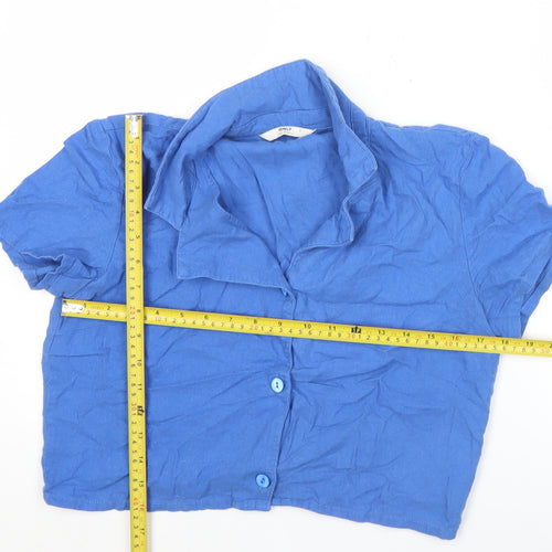 ONLY Womens Blue Cropped Button-Up Shirt Linen Blend Size S
