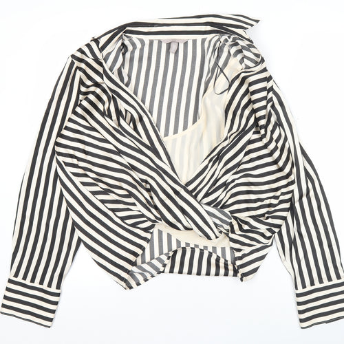H&M Womens Black White Striped Wrap Blouse Size 12 Long Sleeve