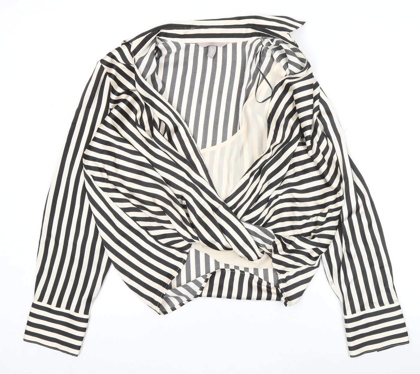 H&M Womens Black White Striped Wrap Blouse Size 12 Long Sleeve