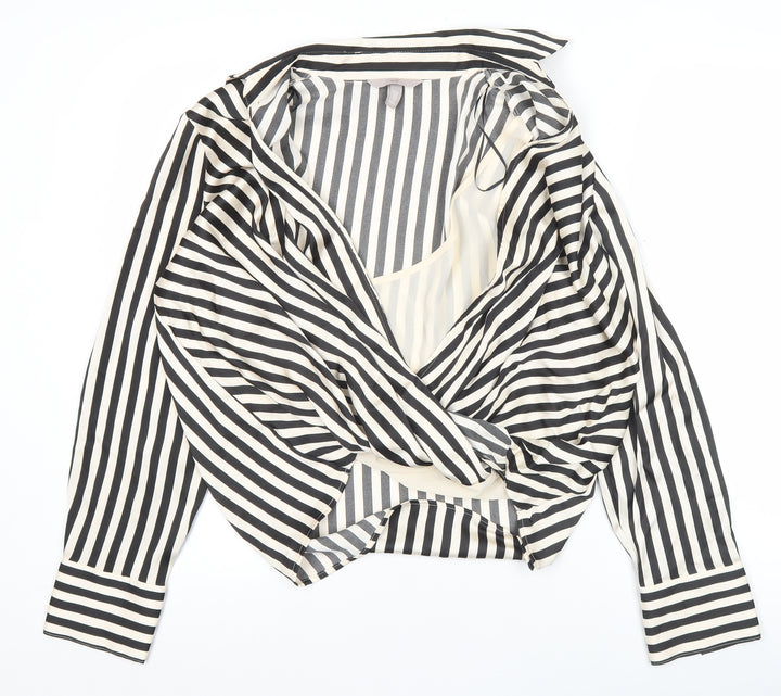 H&M Womens Black White Striped Wrap Blouse Size 12 Long Sleeve