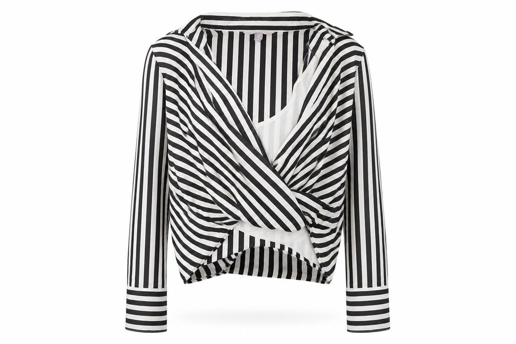 Front view of H&M women’s black white striped wrap blouse, size UK 12, long sleeve