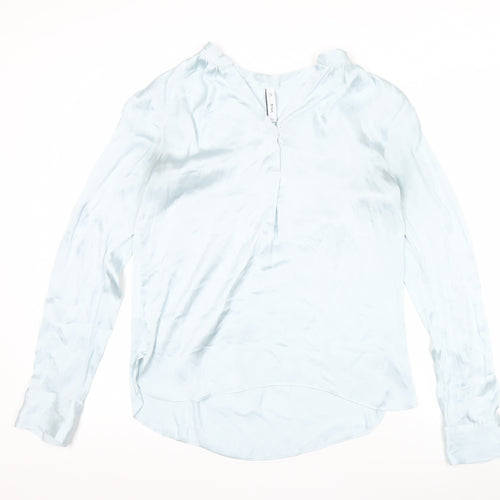 Mango Women Blue V-Neck Satin Blouse Size 8 Long Sleeve