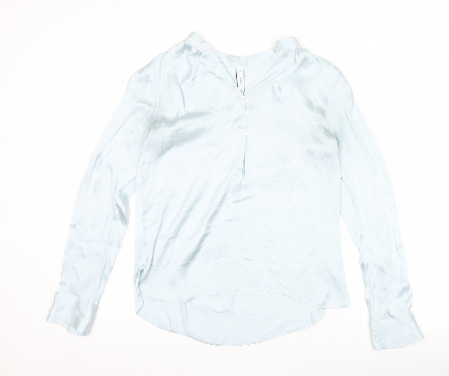 Mango Women Blue V-Neck Satin Blouse Size 8 Long Sleeve