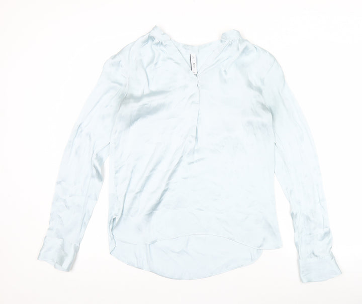 Mango Women Blue V-Neck Satin Blouse Size 8 Long Sleeve