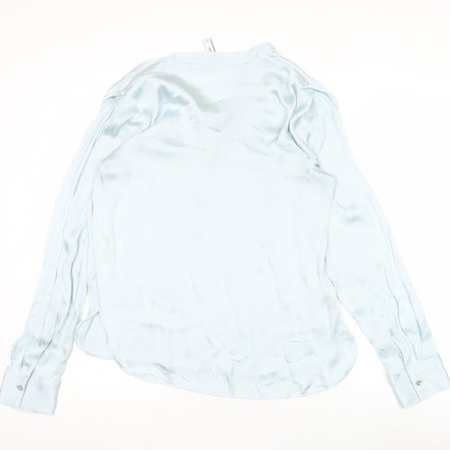 Mango Women Blue V-Neck Satin Blouse Size 8 Long Sleeve