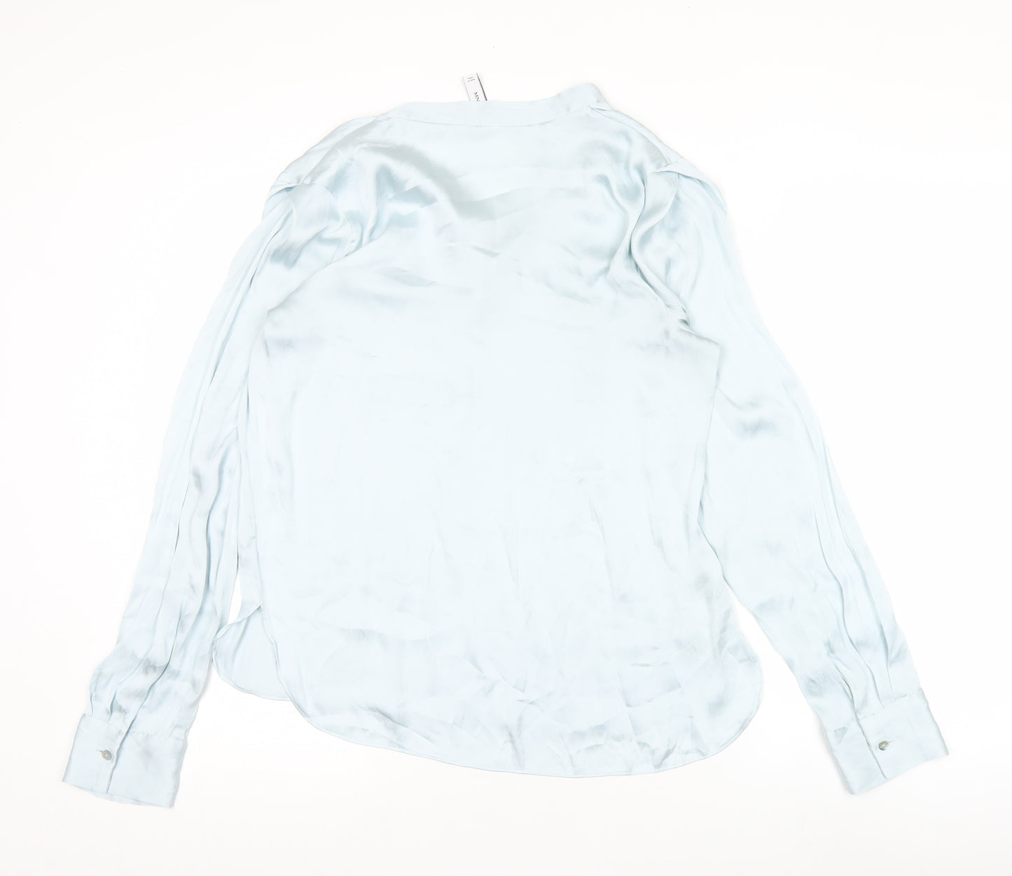 Mango Women Blue V-Neck Satin Blouse Size 8 Long Sleeve