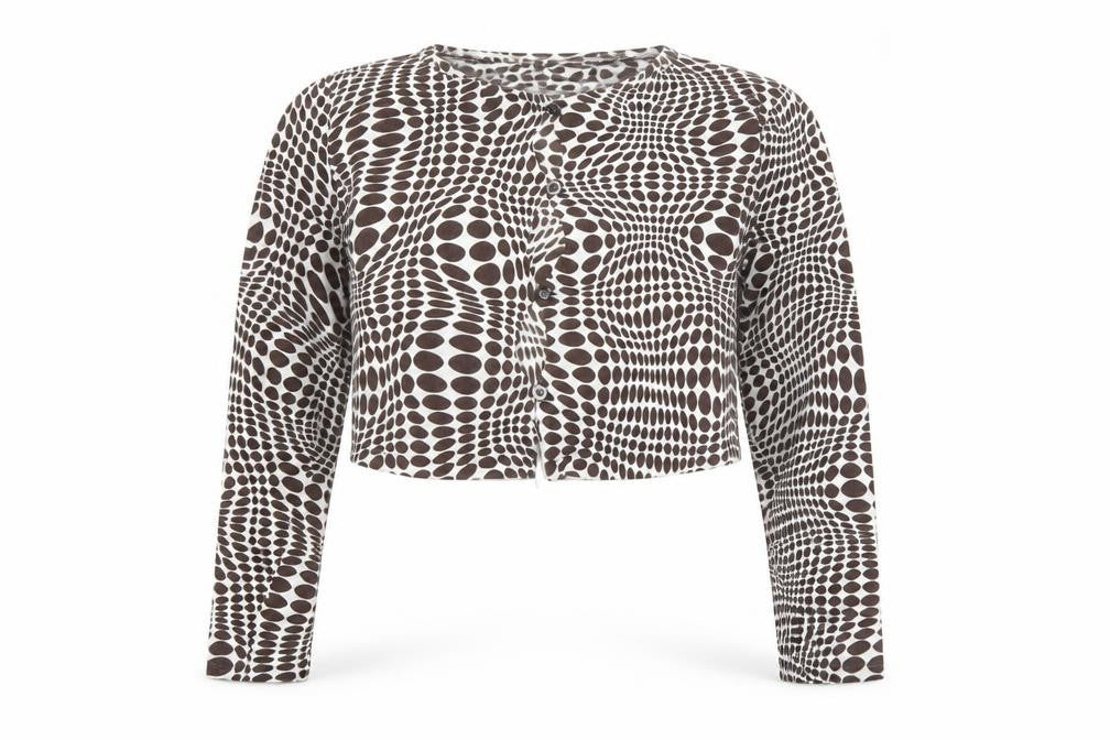 Front view of Motel Rocks women’s brown geometric cropped button-up top, size L