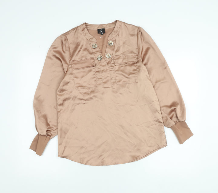 K Design Women’s Beige Satin Blouse Size S Long Sleeve Tunic