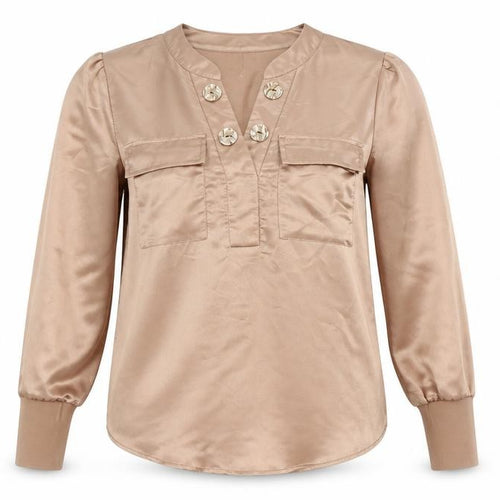 K Design Women’s Beige Satin Blouse Size S Long Sleeve Tunic