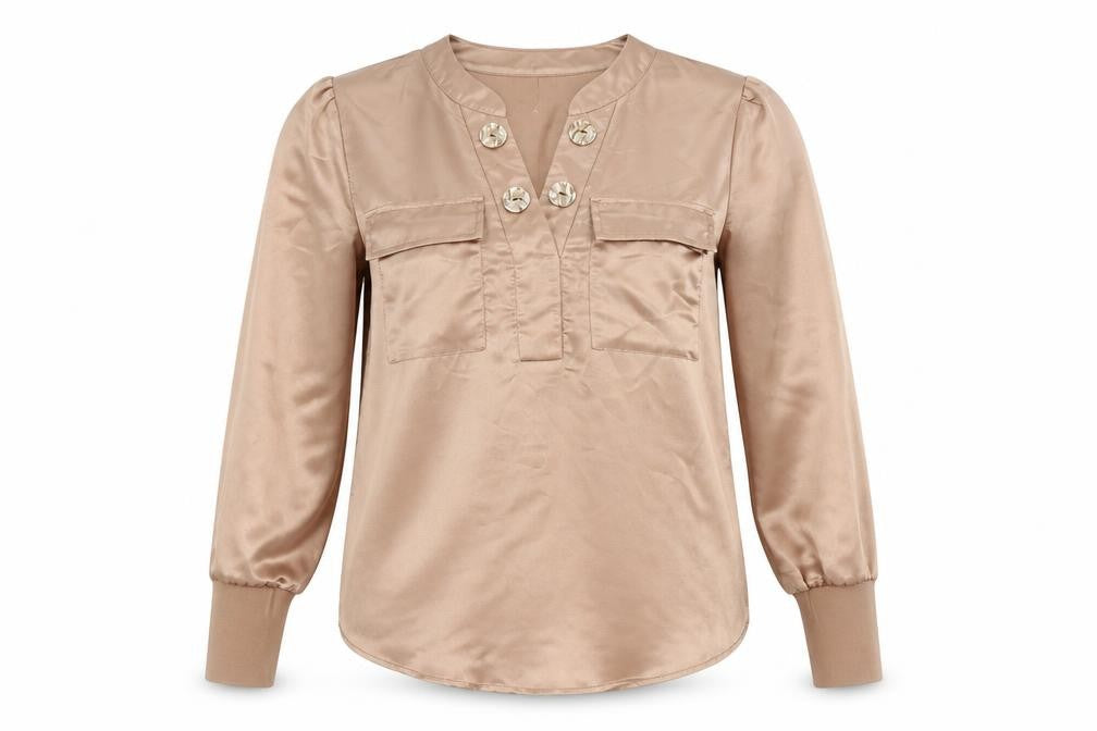 K Design Women’s Beige Satin Blouse Size S Long Sleeve Tunic