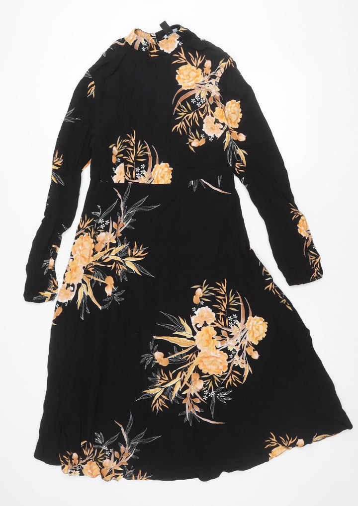 New Look Tall Womens Black Floral Midi Dress Size 12 A-Line