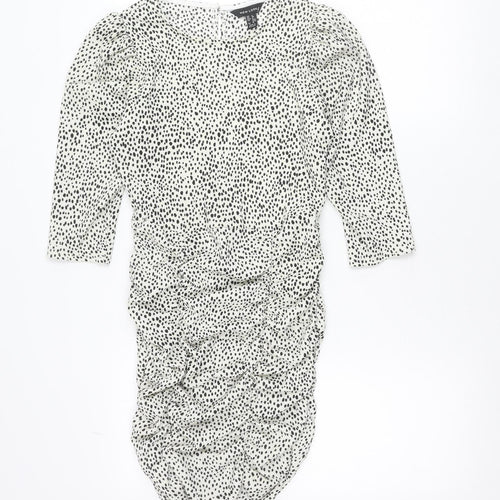 New Look Women White Animal Print Bodycon Dress Size 8 Long Sleeve Ruched