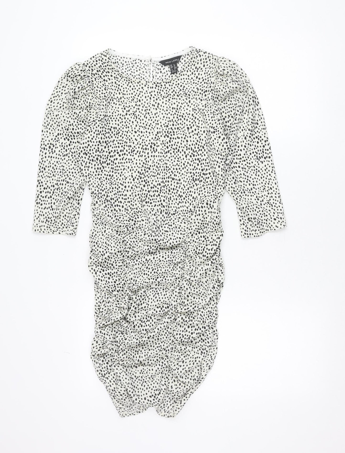 New Look Women White Animal Print Bodycon Dress Size 8 Long Sleeve Ruched