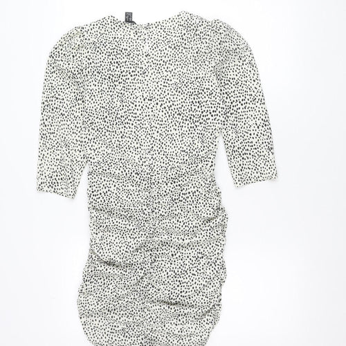 New Look Women White Animal Print Bodycon Dress Size 8 Long Sleeve Ruched