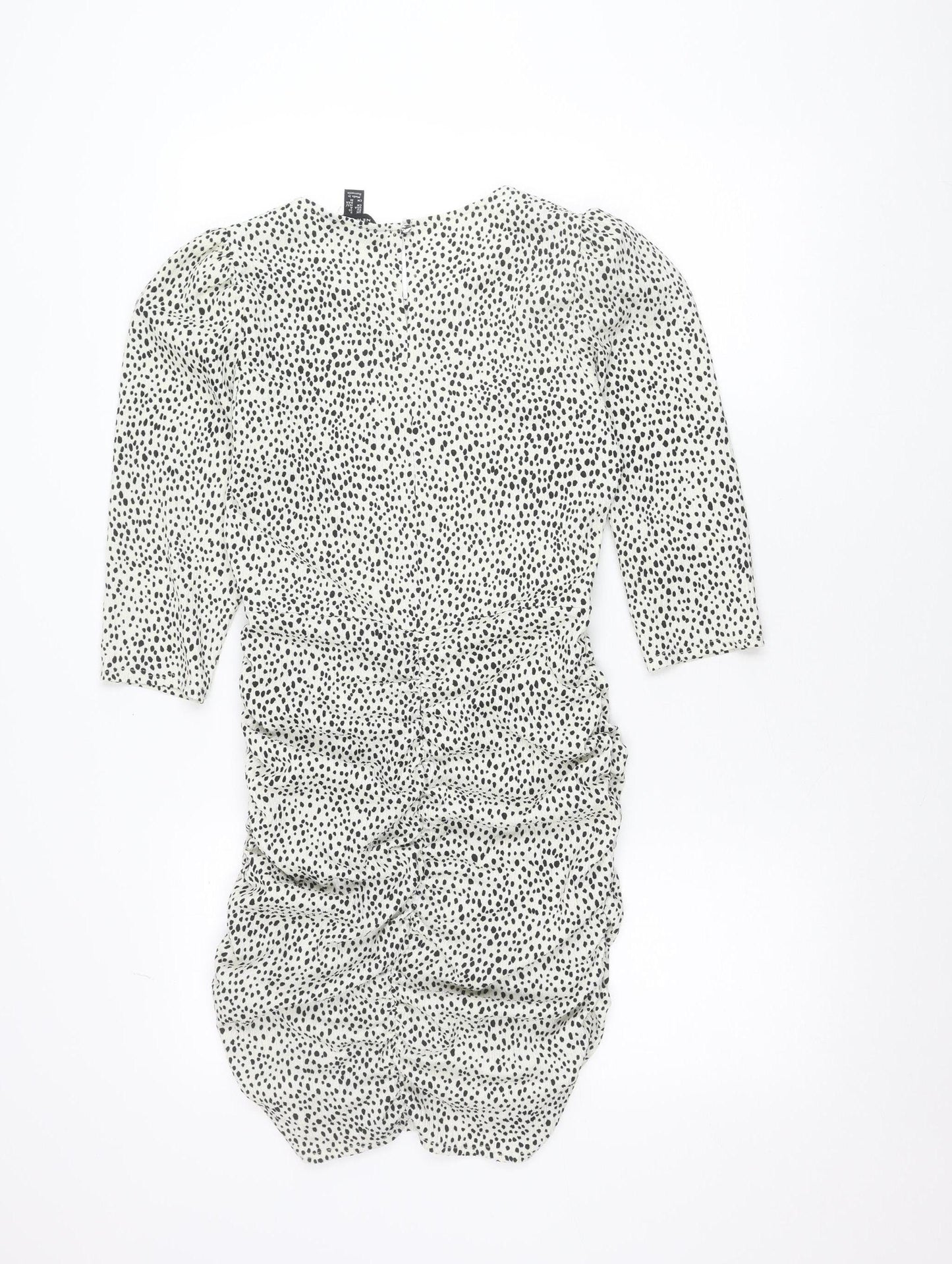 New Look Women White Animal Print Bodycon Dress Size 8 Long Sleeve Ruched
