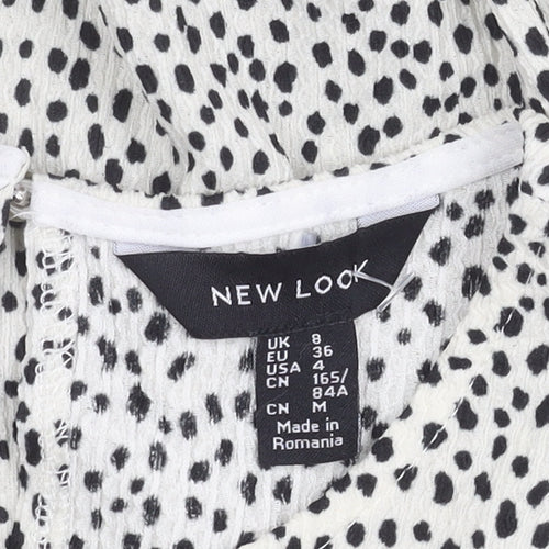 New Look Women White Animal Print Bodycon Dress Size 8 Long Sleeve Ruched
