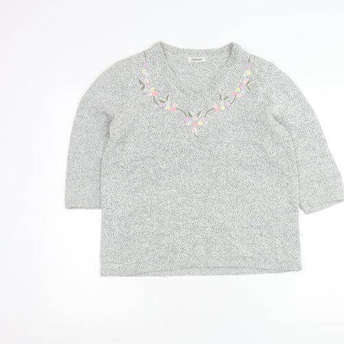 Damart Women’s Grey Floral Embroidered V-Neck Knit Jumper Size 10/12