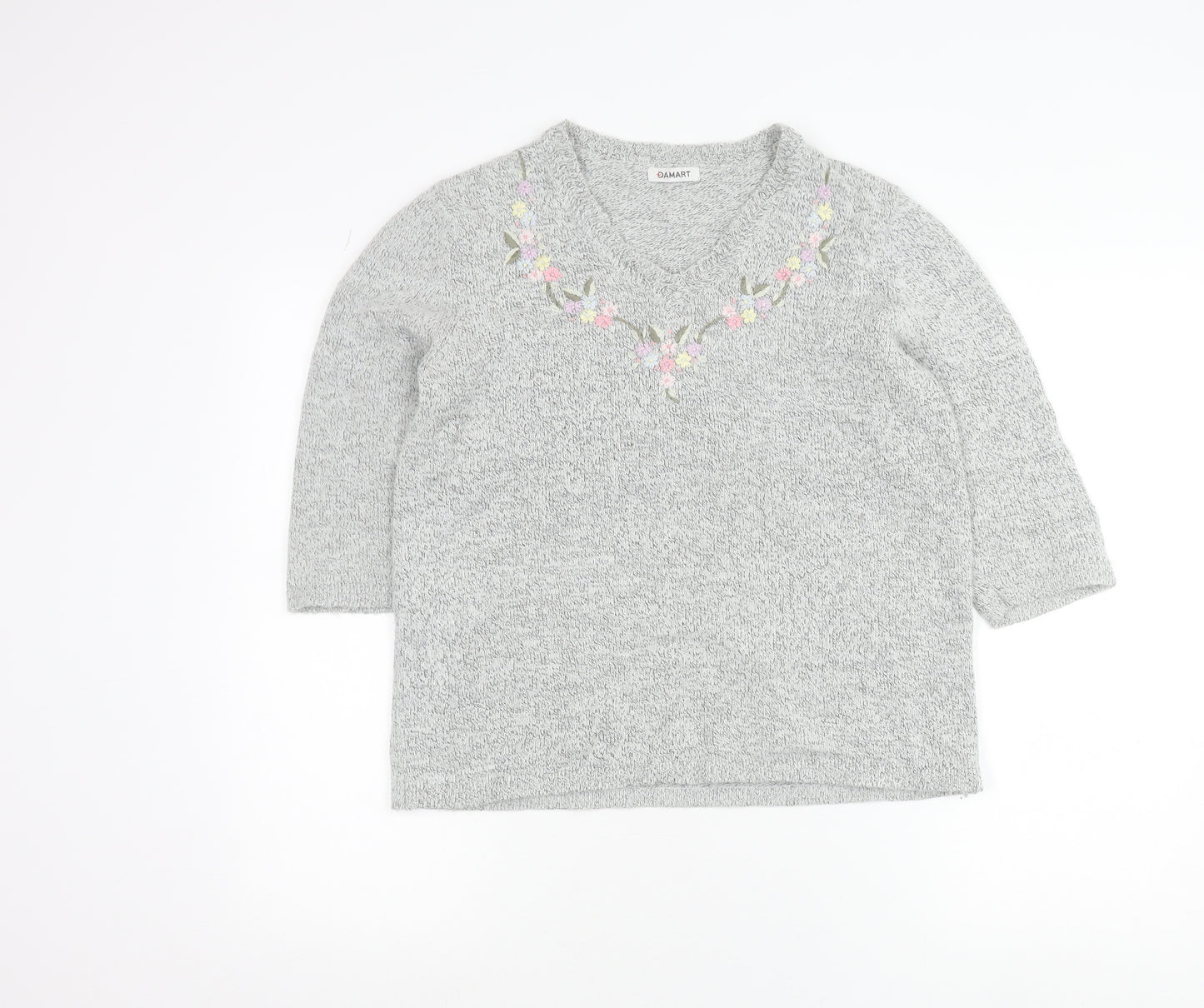 Damart Women’s Grey Floral Embroidered V-Neck Knit Jumper Size 10/12