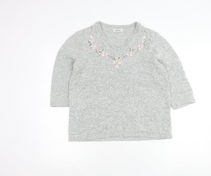 Damart Women’s Grey Floral Embroidered V-Neck Knit Jumper Size 10/12