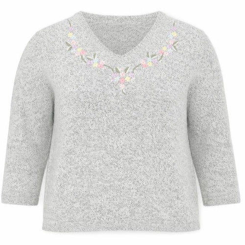 Damart Women’s Grey Floral Embroidered V-Neck Knit Jumper Size 10/12