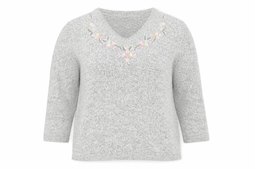 Damart Women’s Grey Floral Embroidered V-Neck Knit Jumper Size 10/12