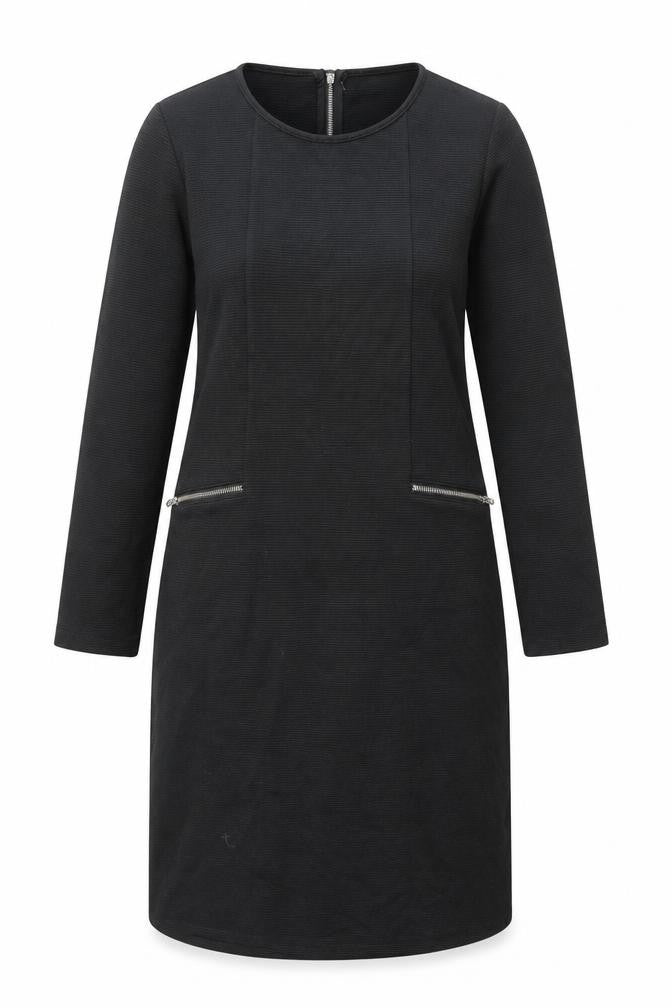 Front view of Thought women’s black shift dress, size UK 10, long sleeve cotton blend