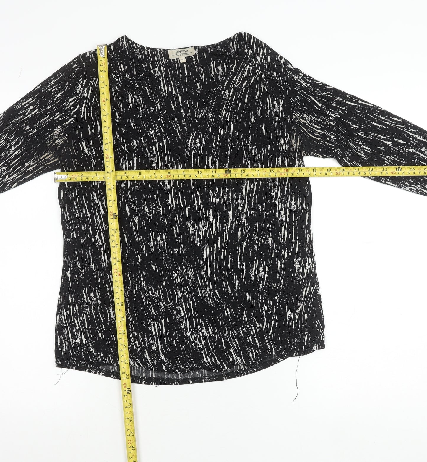 Papaya Women’s Black Abstract V-Neck Tunic Blouse Size 10