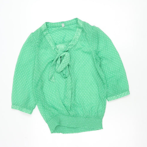 ONLY Women’s Green Polka Dot Blouse Size 8 V-Neck Bow 3/4 Sleeve