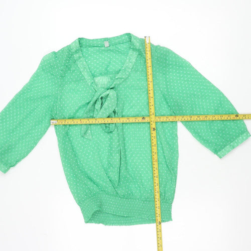 ONLY Women’s Green Polka Dot Blouse Size 8 V-Neck Bow 3/4 Sleeve