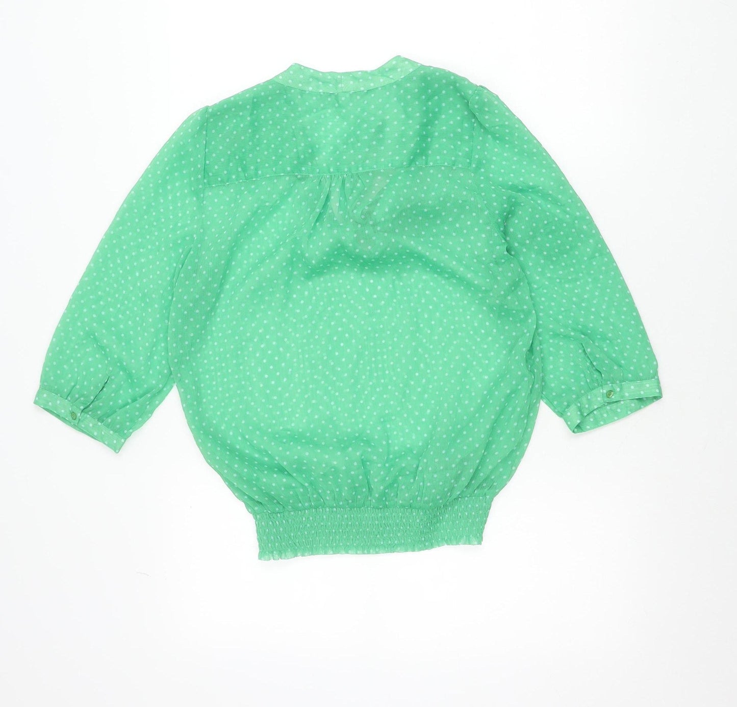 ONLY Women’s Green Polka Dot Blouse Size 8 V-Neck Bow 3/4 Sleeve