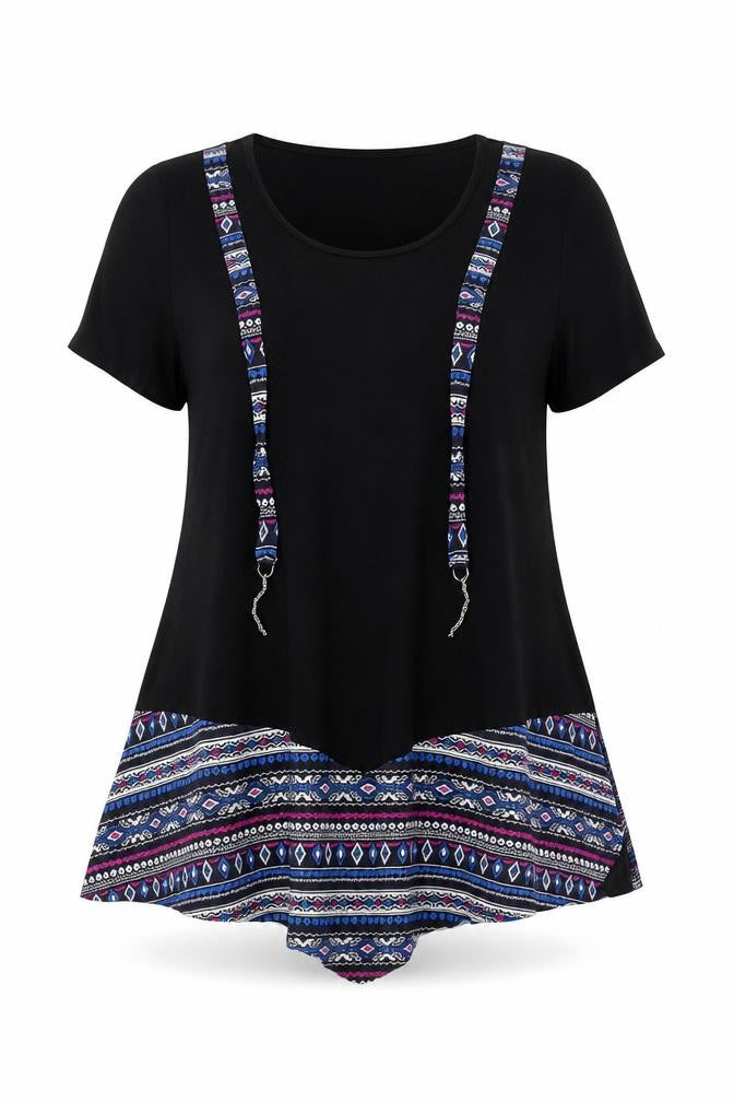 Front view of K&K women’s black multi geometric asymmetric trapeze dress m