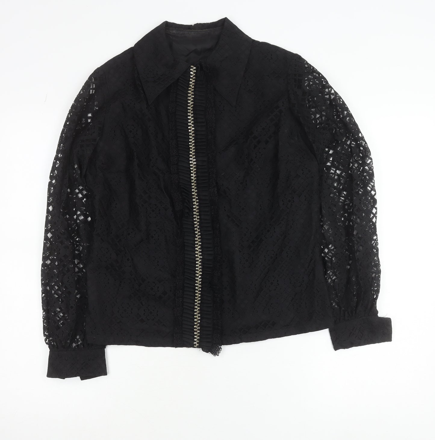 Dereta London Womens Black Lace Blouse Size 14 Zip Long Sleeve Vintage