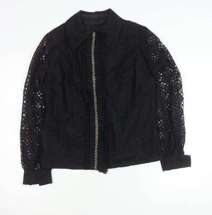 Dereta London Womens Black Lace Blouse Size 14 Zip Long Sleeve Vintage