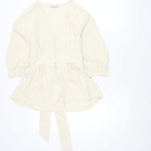 Topshop Women’s Ivory Wrap Blouse Size 10 Long Sleeve Puff Tie Waist