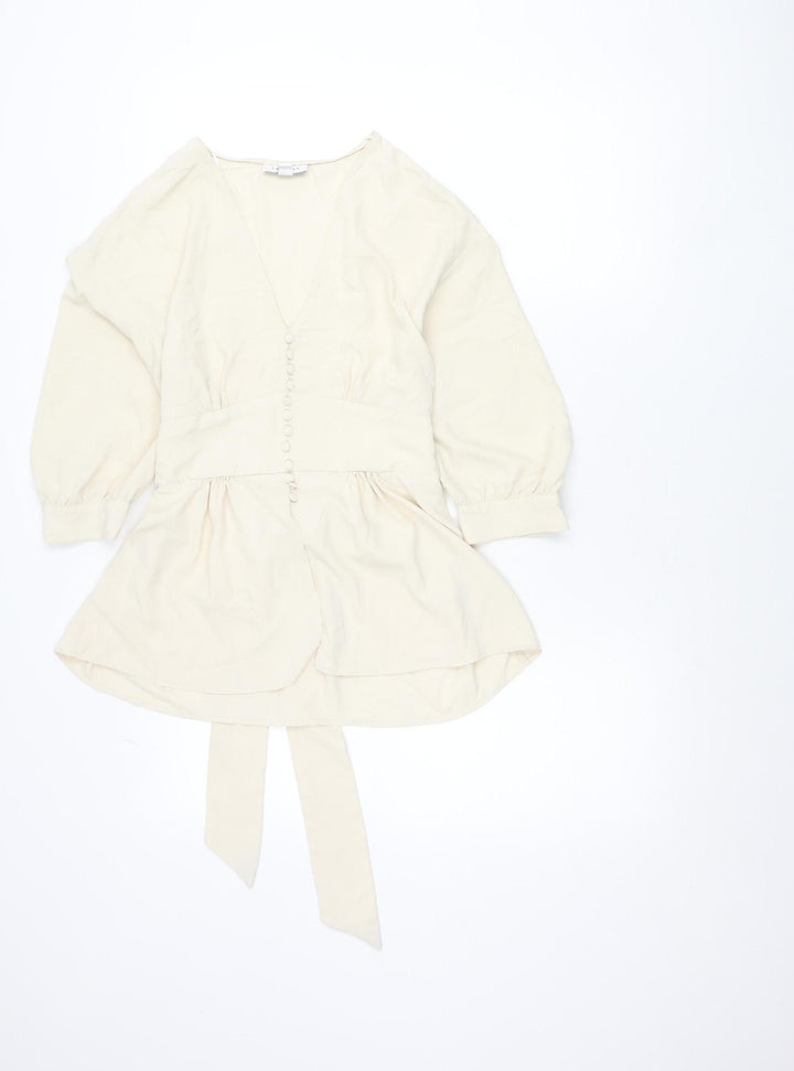 Topshop Women’s Ivory Wrap Blouse Size 10 Long Sleeve Puff Tie Waist