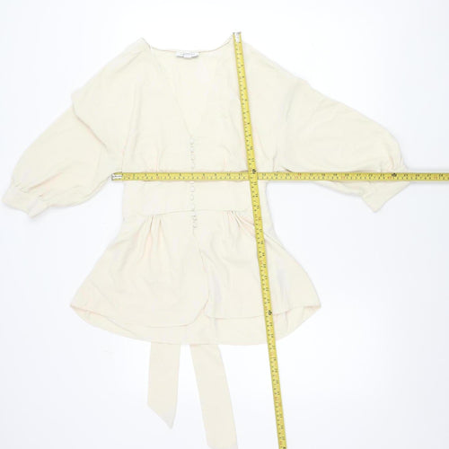 Topshop Women’s Ivory Wrap Blouse Size 10 Long Sleeve Puff Tie Waist