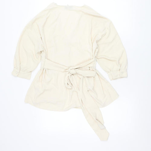Topshop Women’s Ivory Wrap Blouse Size 10 Long Sleeve Puff Tie Waist