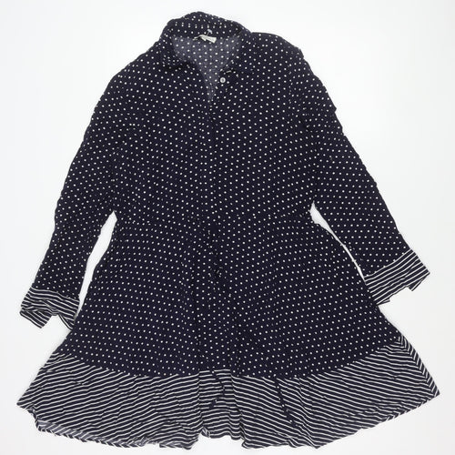 Warehouse Women Blue Polka Dot Stripe Shirt Dress Size 10 Long Sleeve Asymmetric Hem