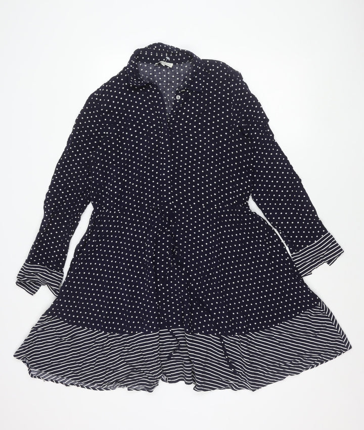 Warehouse Women Blue Polka Dot Stripe Shirt Dress Size 10 Long Sleeve Asymmetric Hem