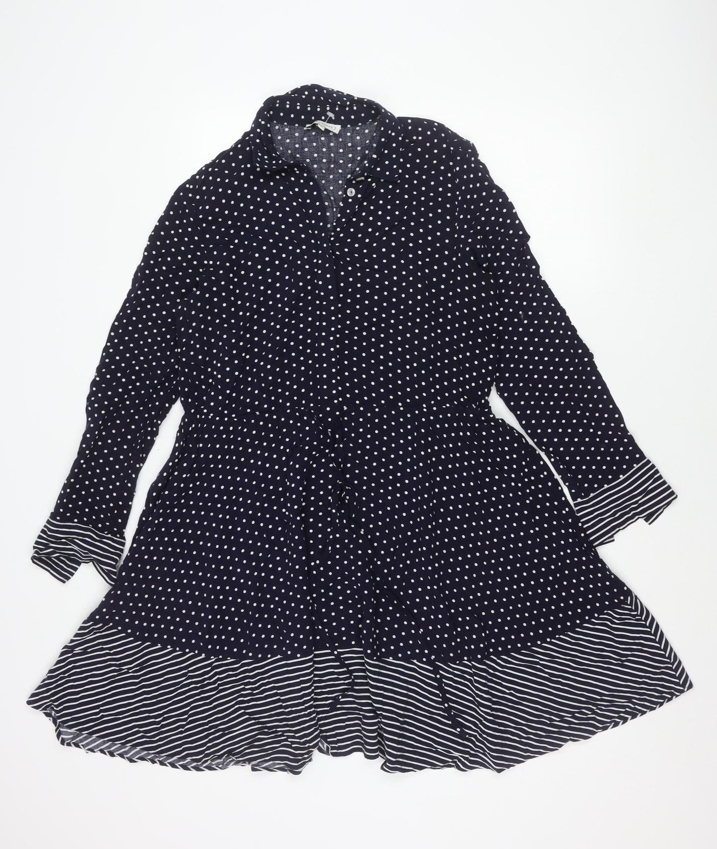 Warehouse Women Blue Polka Dot Stripe Shirt Dress Size 10 Long Sleeve Asymmetric Hem