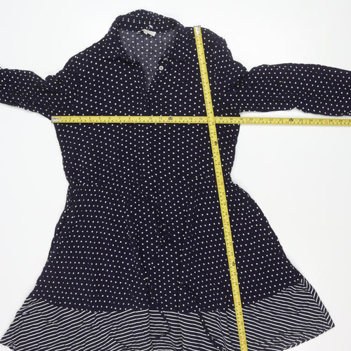 Warehouse Women Blue Polka Dot Stripe Shirt Dress Size 10 Long Sleeve Asymmetric Hem
