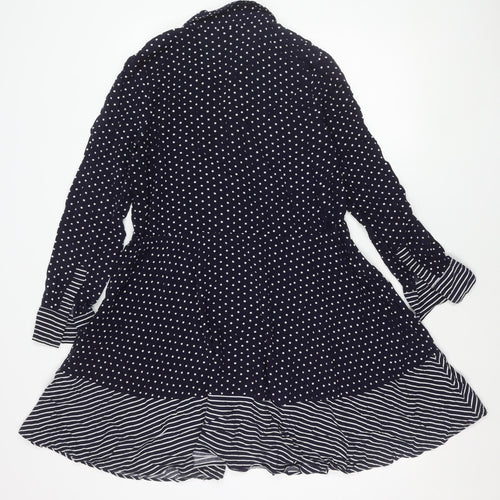 Warehouse Women Blue Polka Dot Stripe Shirt Dress Size 10 Long Sleeve Asymmetric Hem