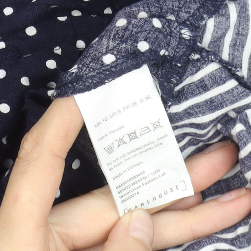 Warehouse Women Blue Polka Dot Stripe Shirt Dress Size 10 Long Sleeve Asymmetric Hem