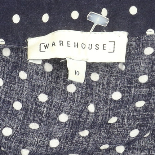 Warehouse Women Blue Polka Dot Stripe Shirt Dress Size 10 Long Sleeve Asymmetric Hem