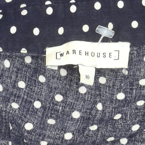 Warehouse Women Blue Polka Dot Stripe Shirt Dress Size 10 Long Sleeve Asymmetric Hem